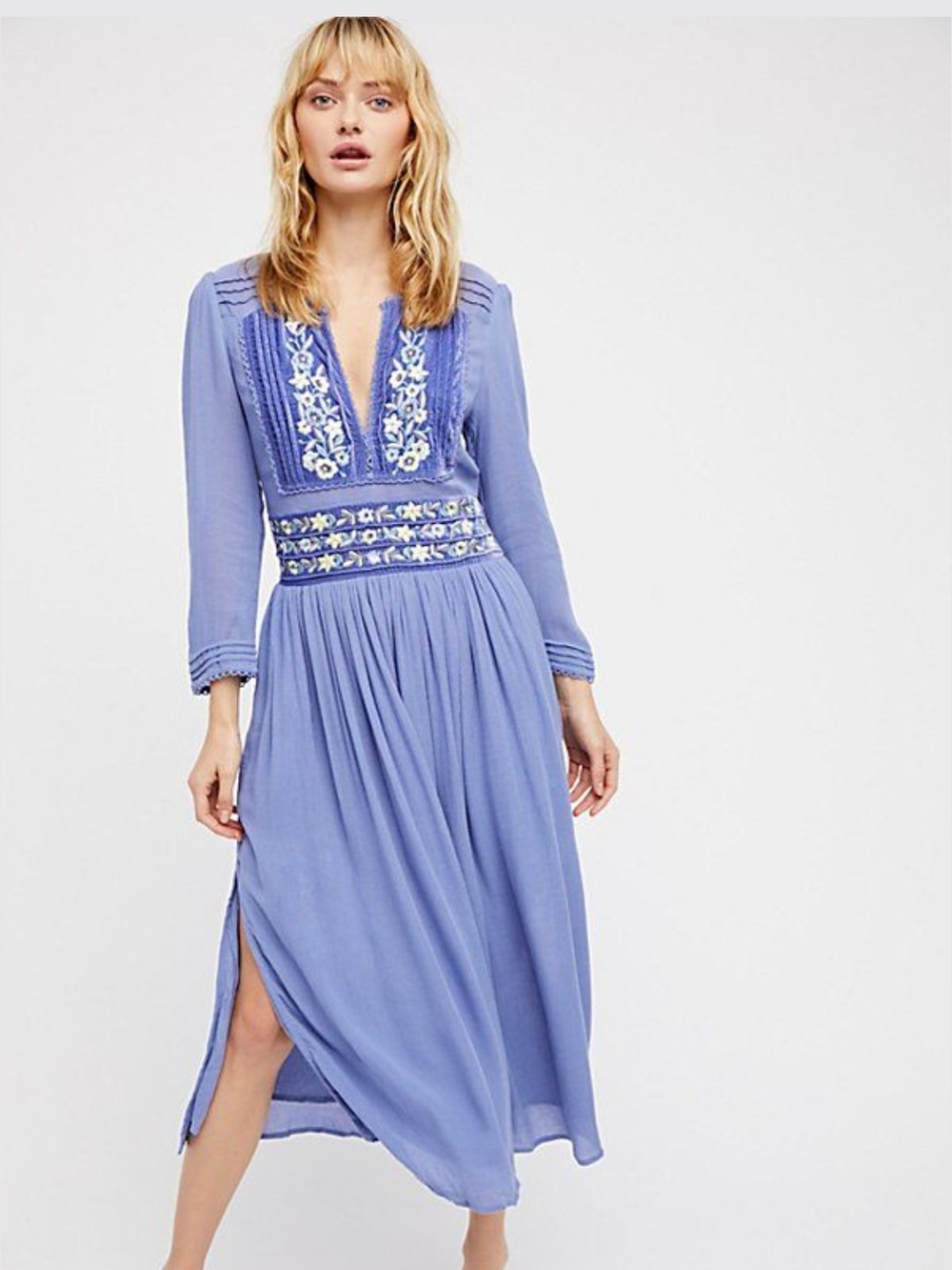 Free People Flora Embroidered Midi Dress Periwinkle V-Neck Crinkle Boho Sz Small